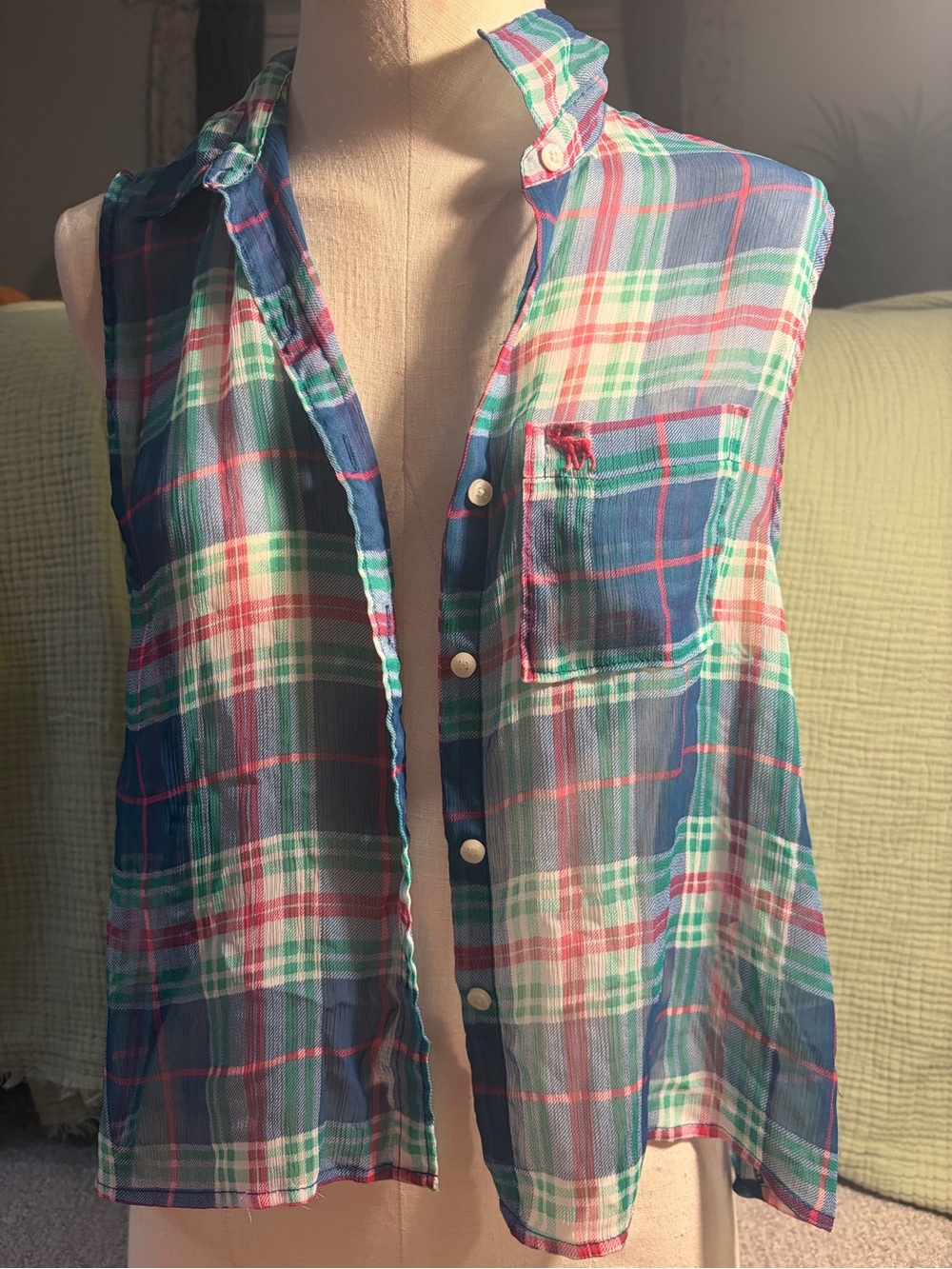 Abercrombie & Fitch Plaid Button Front Vest in Green & Blue XS